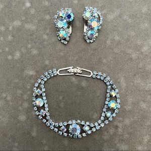 Vintage Silver, Blue Rhinestone Bracelet and Earring Set